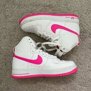 hot pink and white high top air force 1s sneakers